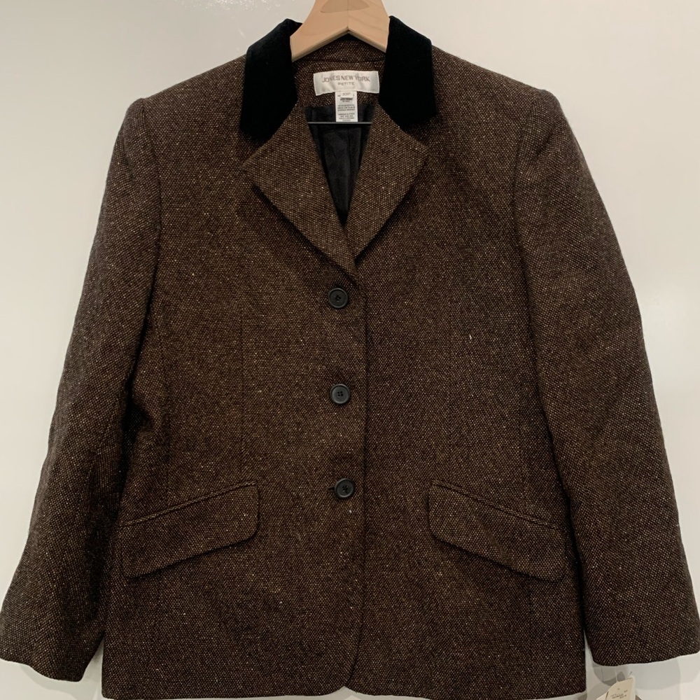 Jones New York Brown tweed blazer with Black Collar NWT size 10P
